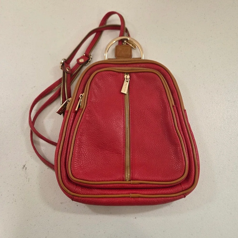 Valentina Red Pebbled Italian Leather Sling Backpack Convertible Small Bag - Picture 1 of 10